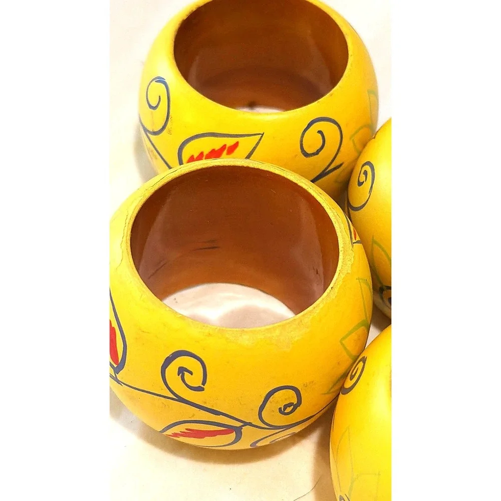 Wood Napkin Rings Set of 4 Yellow Hand Painted Floral Cottage Farmhouse